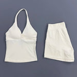 2 Piece Yoga Set Women Halter Deep V Neck Wrap Top Quick‑Dry Athletic Shorts Stretchy Gentle on Skin Suit Gym Workout Sportswear