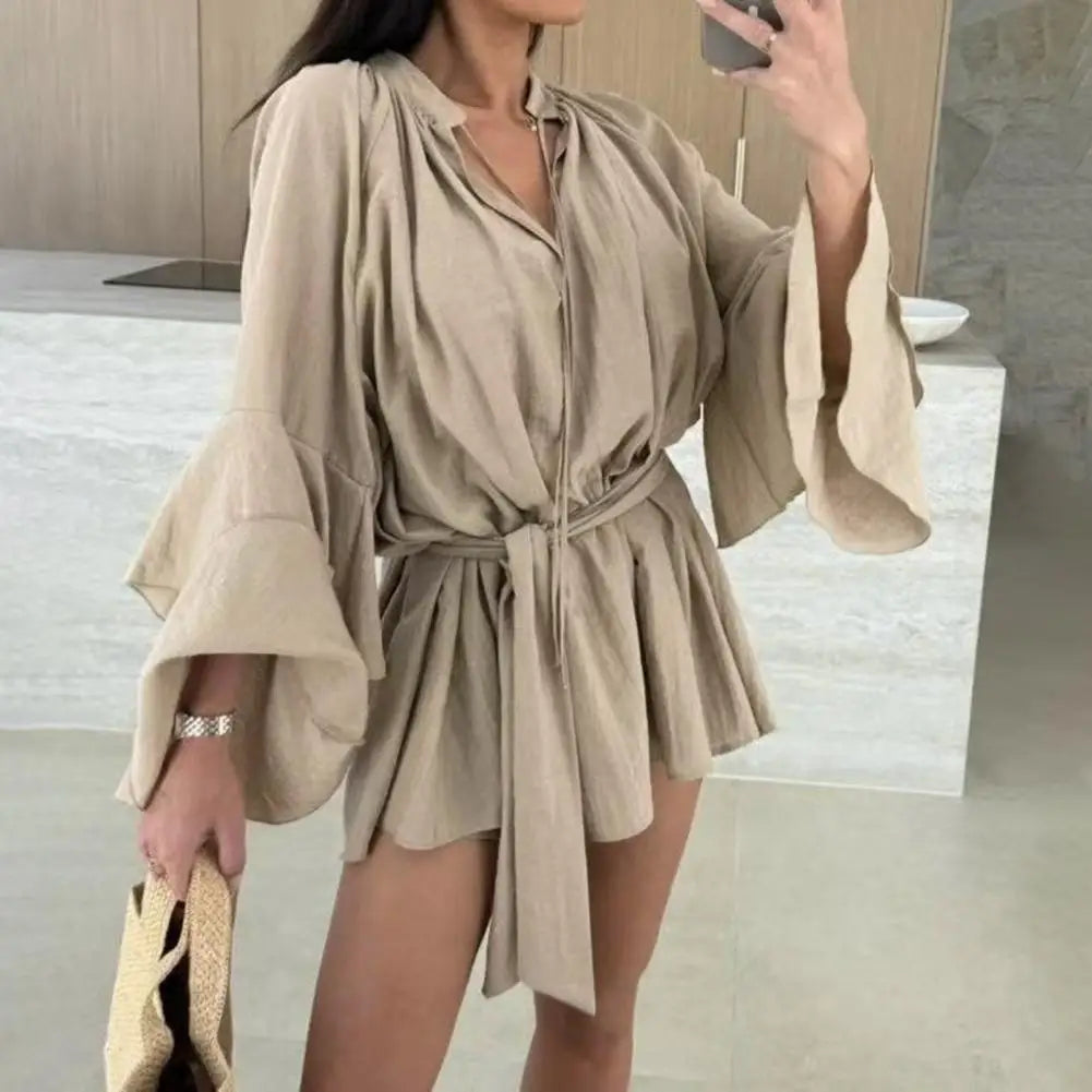 Mini Dress with Belt Summer Ruffle Long Sleeve Dress for Women Casual V Neck A-line Swing Dresses Irregular Vacation Dress