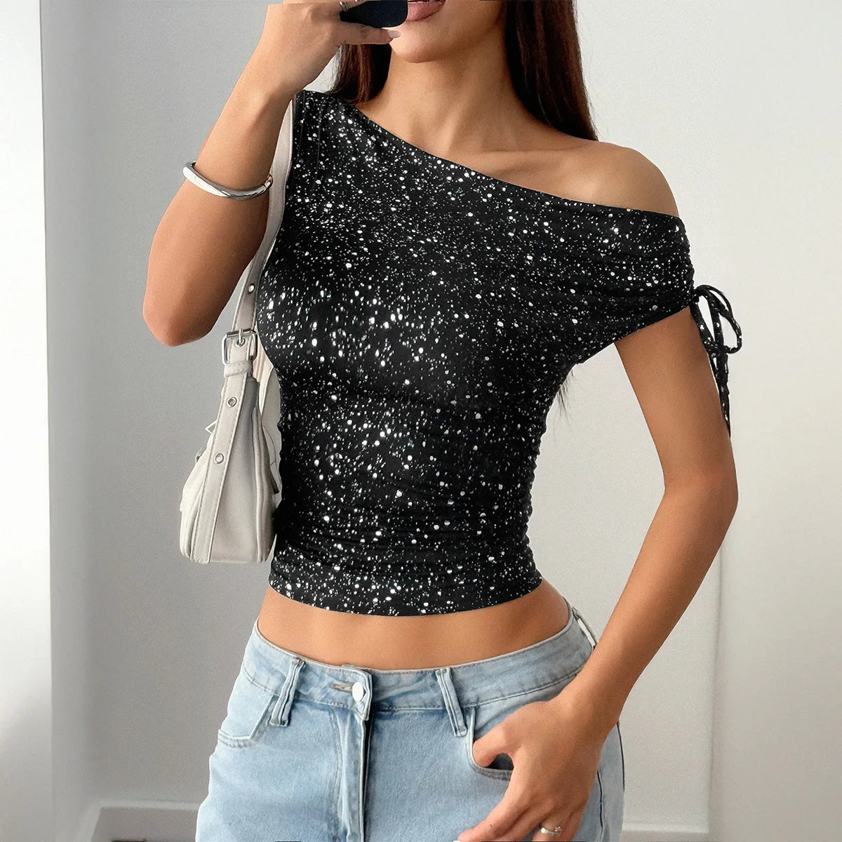 Phantasy Women's One Shoulder Sequin Sparkly Tops Sleeveless Asymmetrical Vest Fashion Y2K T-Shirt Women's Vestido 2025 Summer