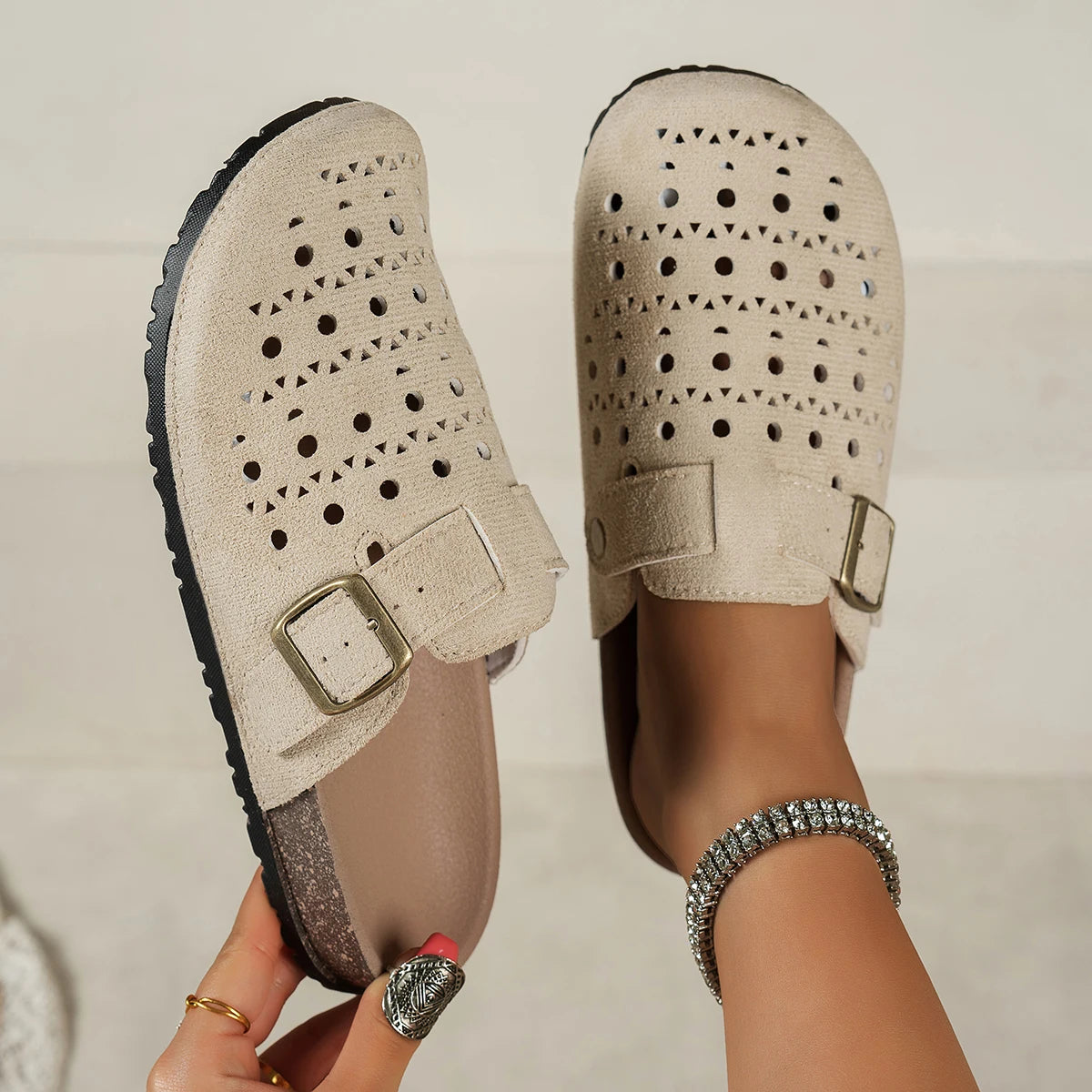 Women Hollow Out Clogs Slippers Perforated Cork Sole Flat Mules Buckle Closed Toe Breathable Indoor Outdoor Summer Shoes