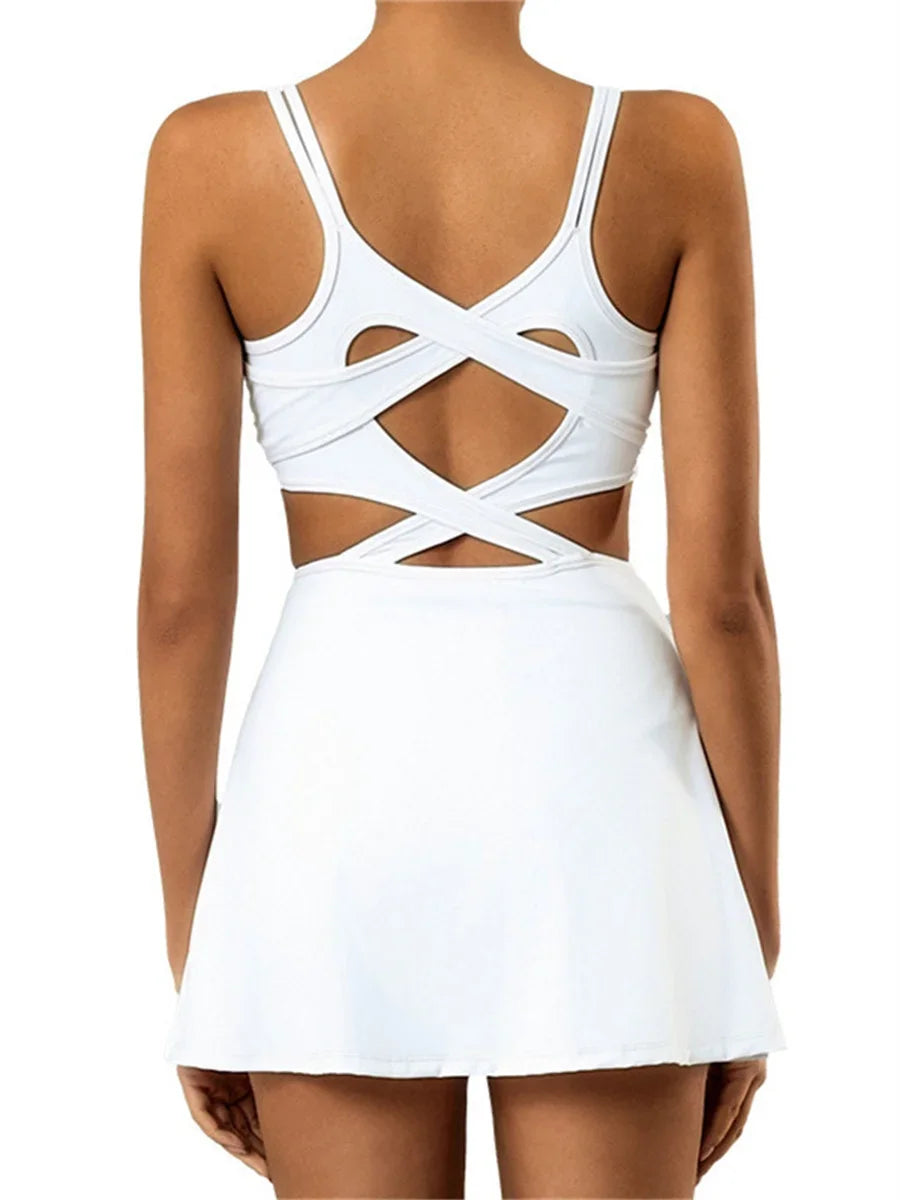 Tennis Dress Women Sleeveless Push Up Padded Sport Dresses Training Running Fitness Hollow Out Backless Slim Badminton Suit