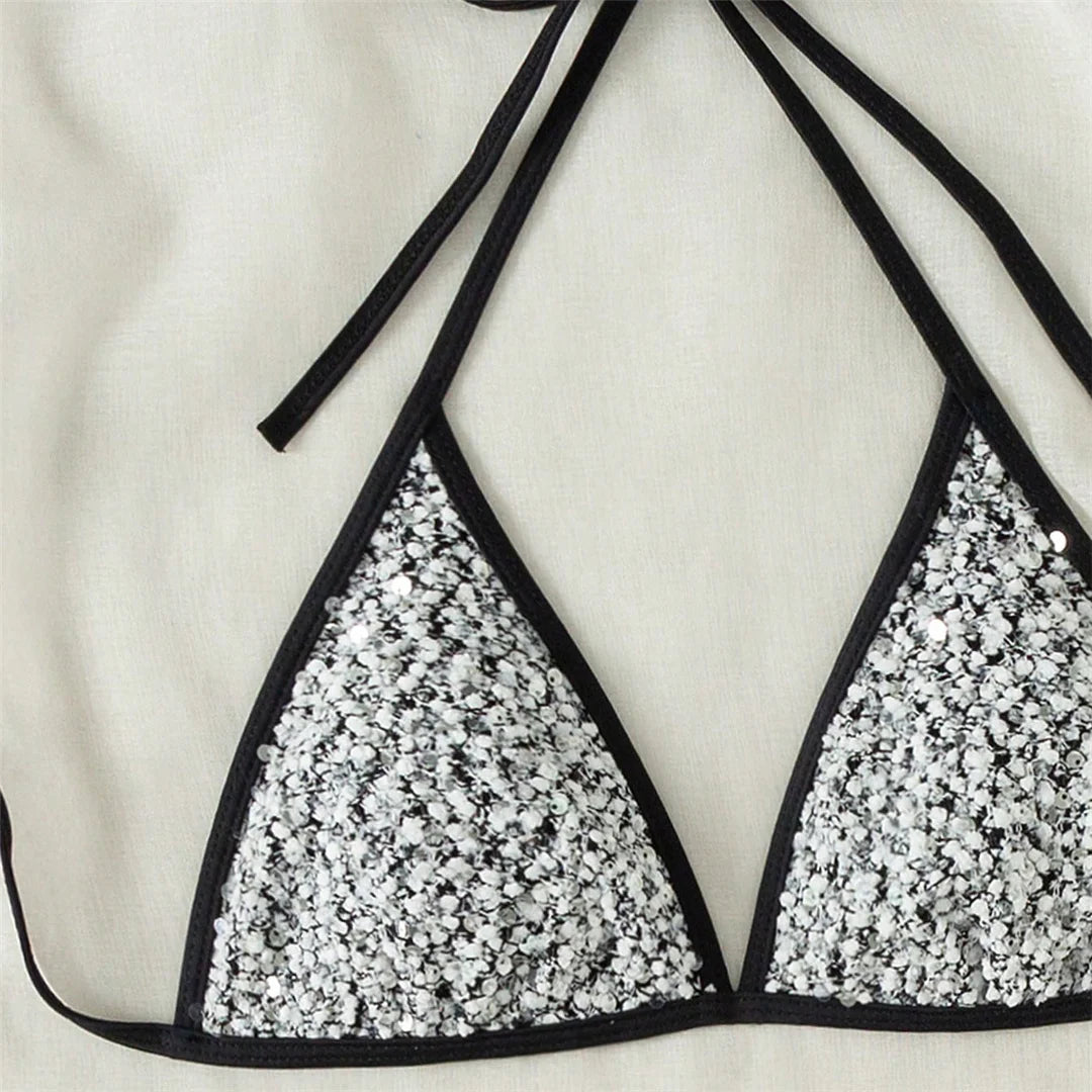 S - XL Shiny Sparkling Halter Bikini Women Swimwear Female Swimsuit Two-Pieces Bikini Set Strappy Bather Bathing Suit Swim V7523