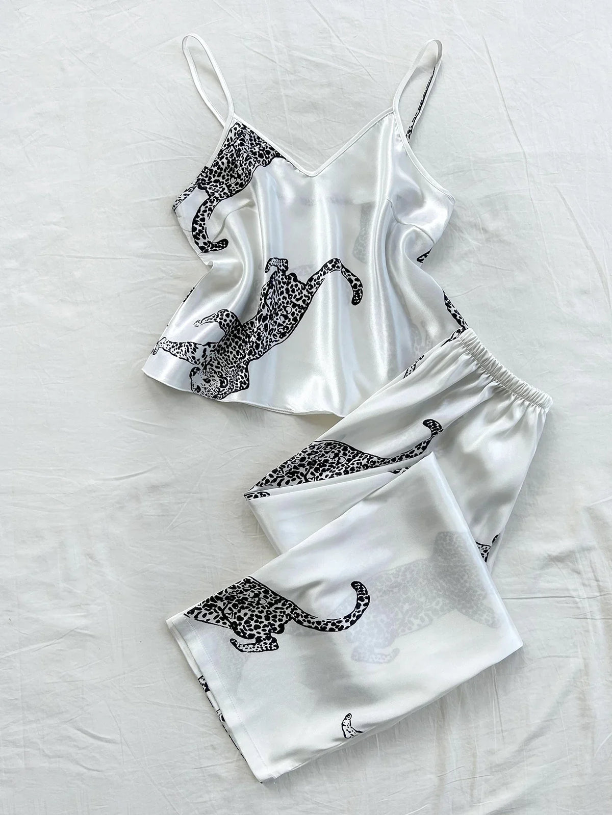 Women Sleepwear Summer Ice Silk Stain Comfortable 2pcs Pajamas Set V Neck Leopard Print Tops and Long Pants Loungewear