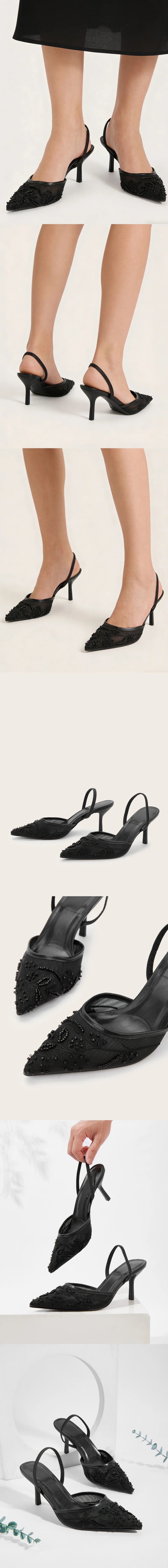 Nude 2 ways to wear Slingback Sandals Mules Big Size 42 Black Pointy Toe Mesh Embroidery Beading Thin High Heels Shoes Women