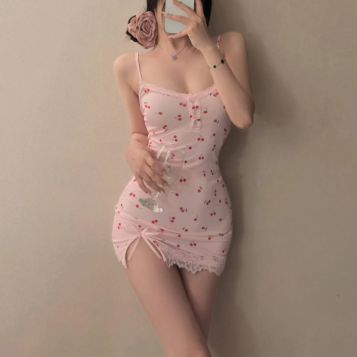Trendy Pink Cherry Print Dress Women's Nightdress Cute Fitted Mini Nightgown Lace Trim Detail Spaghetti Straps Summer Sleepwear