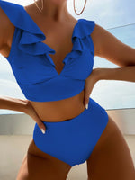 Solid Color Sexy V-neck Ruffle Bikini 2026 Women 2 Piece Swimwear Push Up Padded High Waist Swimsuit Summer Beach Bathing Suit