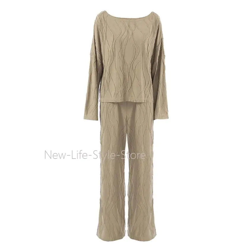 Women 2026 European Winter Knit Pajama Set Loose Comfortable Long Sleeve Pants Two Piece Ladies Homewear Sleepwear Loungewear