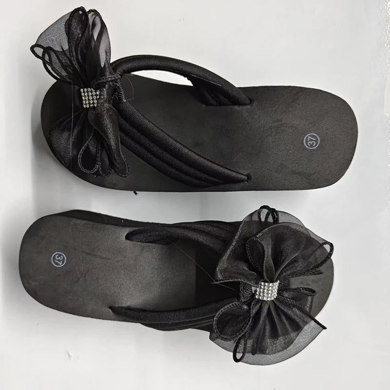 Black Mesh Bowknot Wedges Slippers Women Plus Size 36-43 Outdoor Platform Flip Flops Woman Summer Lightweight Clip Toe Sandals