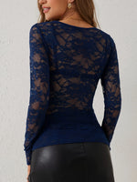 Women Sexy Base Layer Shirt Solid Black Sheer Lace Top Slim Flower Scallop Trim V Neck Long Sleeve T-shirt Trendy Tight Lace Top