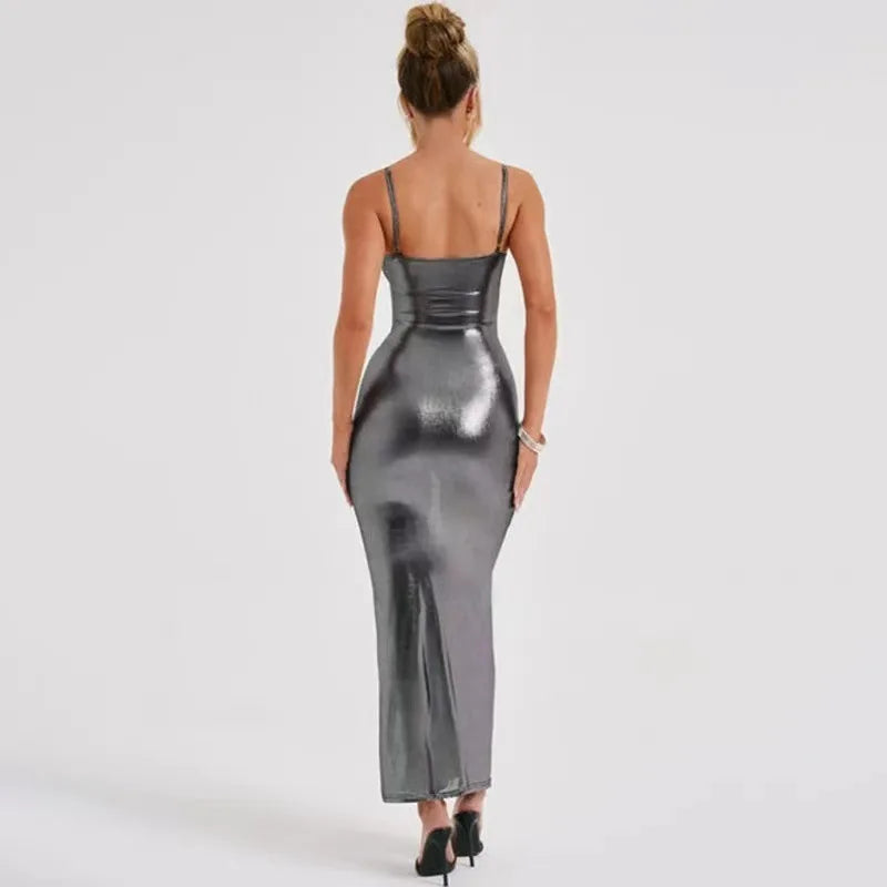 Faux Leather Slim Spaghetti Strap Dress For Women Strap Long Dresses Package Hip Bodycon Sexy Low Cut Party Evening Vestidos