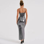 Faux Leather Slim Spaghetti Strap Dress For Women Strap Long Dresses Package Hip Bodycon Sexy Low Cut Party Evening Vestidos
