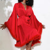 Women Satin Bridal Morning Gown Wide Sleeve Feather Trim Open Front Tie Waist Slim Fit Long Robe Home Loungewear