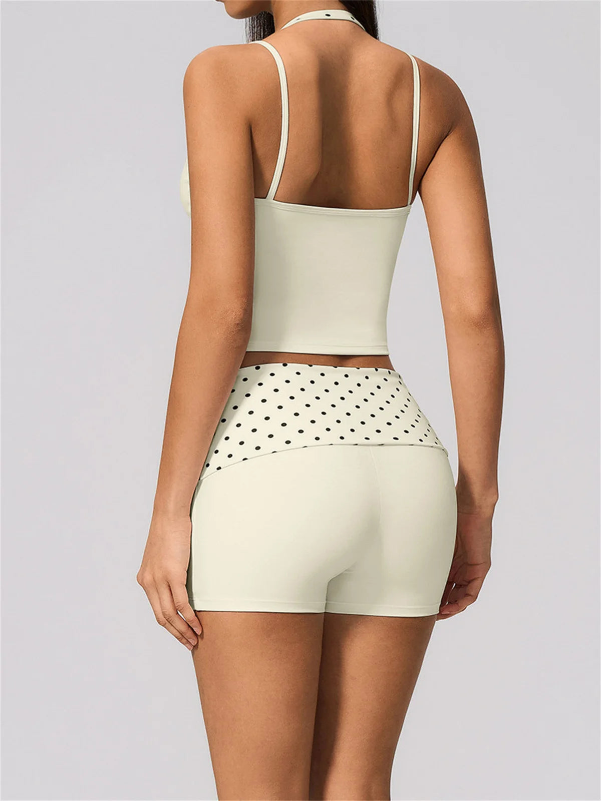 Quick Drying Polka Dot Patchwork Yoga Sets Women Hanging Neck Slim Shockproof Sports Tank Top Gym High Waist Shorts Fitnss Suit