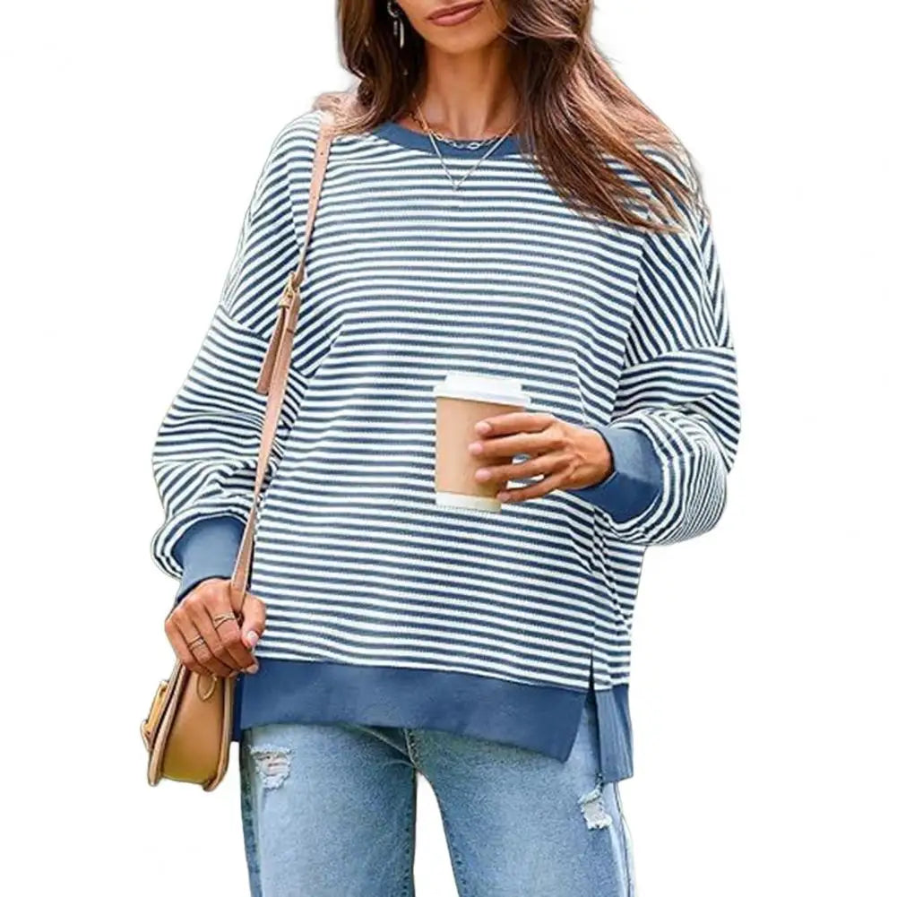 Long Sleeve Crewneck T-Shirt Split Hem Women Striped Oversized Sweatshirt Waffle Knitted Tunic Top Casual Women Sweater