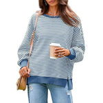 Long Sleeve Crewneck T-Shirt Split Hem Women Striped Oversized Sweatshirt Waffle Knitted Tunic Top Casual Women Sweater