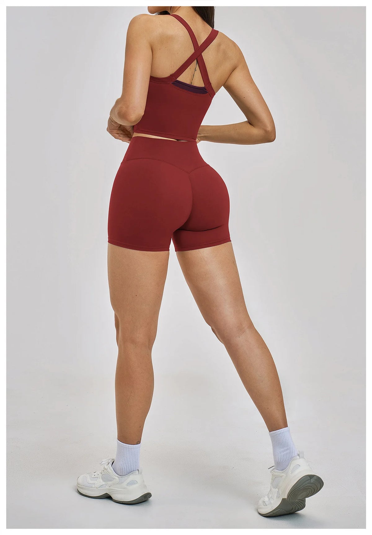 Naked Yoga Suit Workout Clothes Women Back Cross Shockproof Slim Sports Tank Top High Waist Short Fitness Suit Athletic Wear
