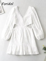 Foridol Waist Hollow Out V Neck Backless White Lace Party Dress Christmas Vestido Robe Ruffled Cotton Long Sleeve Autumn Dress