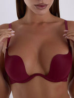 Women's Essentials Deep U Multi-Way Push Up Convertible Low Cut Plunge Bra Deep V Bra Wine