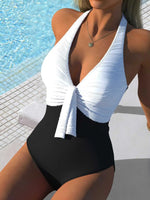 Sexy White Black Patchwork One Piece Swimsuit Women Front Bow V Neck Tummy Control Swimwear 2026 Large Size Beach Bathing Suit