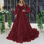 Women Evening Dress Lantern Sleeve V Neck Shiny Sequin A-line Double-layered Floor Length Mesh Cocktail Party Dress Prom Gown