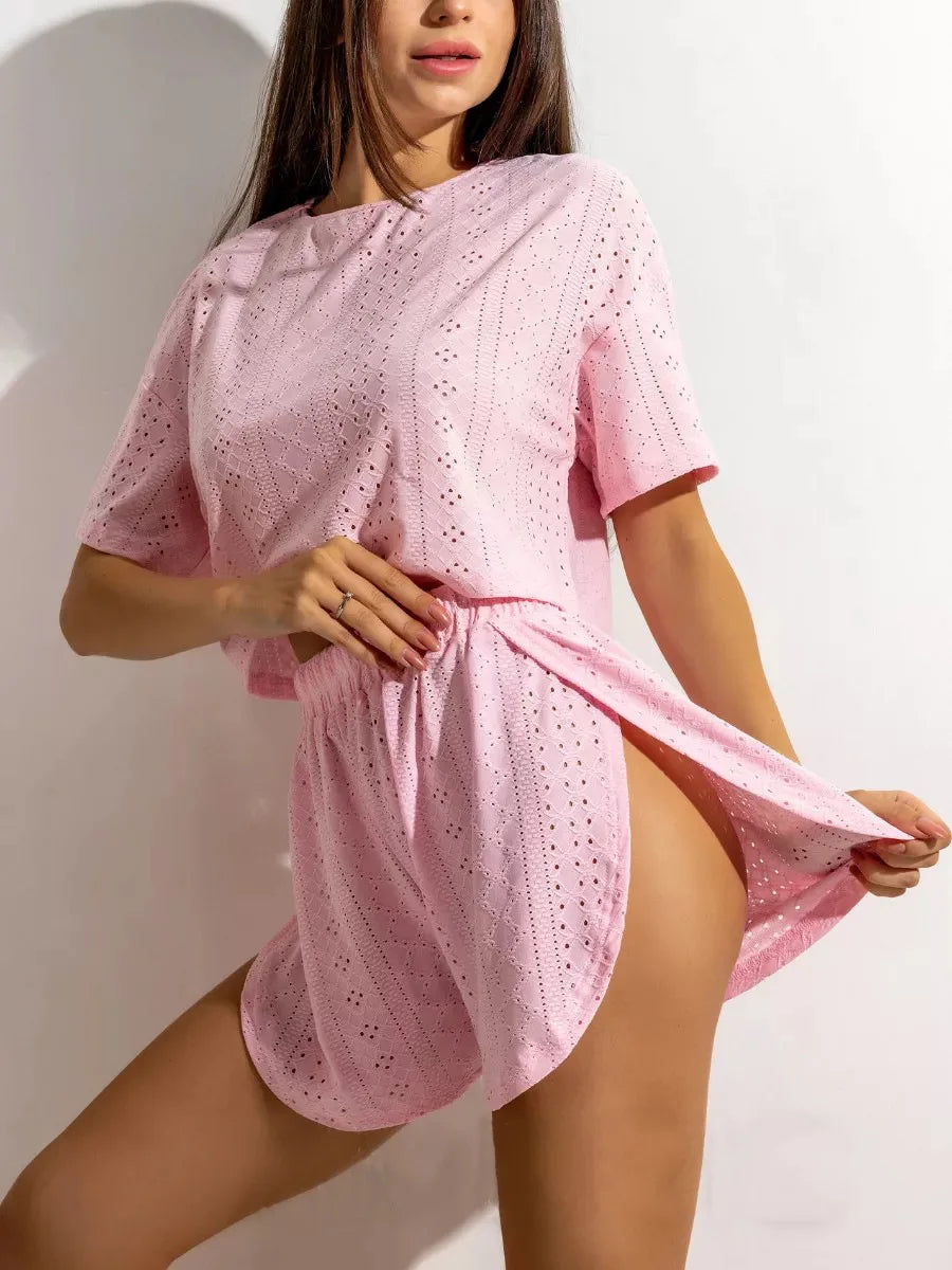 2025 New Womens Hollow Out Eyelet Two Piece Shorts Set Short Sleeve Crop Top Side Slit Shorts Summer Casual Loungewear Tracksuit