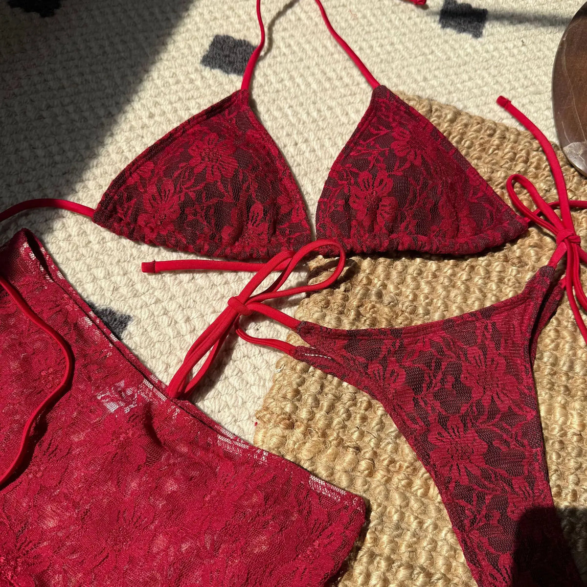 DEKA Micro Thong Bikini Set Sexy Lace Double-Layered 3 Pieces Swimsuit With Sexy Mesh Skirt Women Beach Swimwear