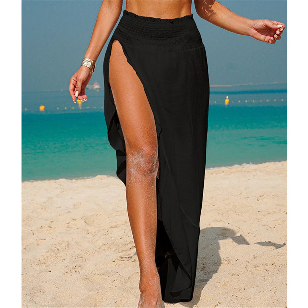 Solid High Slit Crochet Knitted Beach Skirt Tunic Beach Cover Up Cover-ups Beach Dress Beach Wear Beachwear Female Women V7584