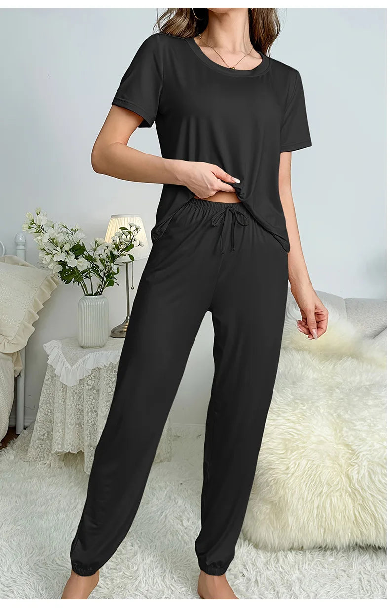 Women's Sleepwear Spring and Summer New Pajamas Women's Short-sleeved Trousers Set Classic Solid Color Casual Loungewear