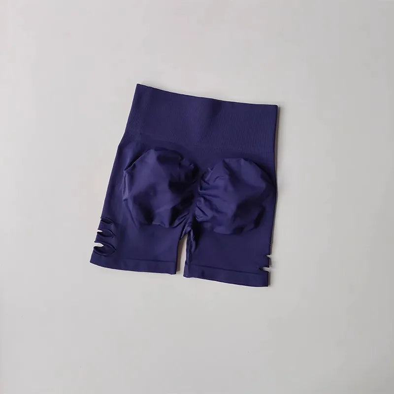Women's yoga fitness shorts, peach hip lifting sexy perforated elastic breathable sports three quarter high waist yoga short