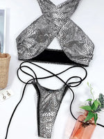 Snake Skin Mini Micro Thong Bikini Women Swimwear Female Swimsuit Two Pieces Bikini Set Halter Wrap Around Bathing Suit Swim