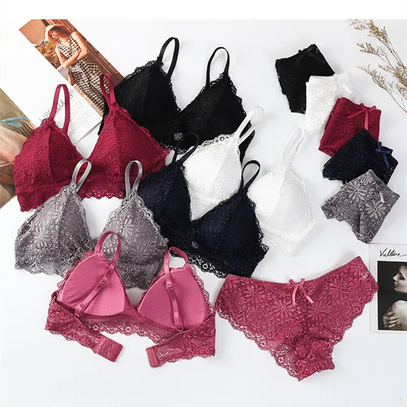 Women Floral Lace Bra And Panties Set Wire Free Bralette Low Rise Briefs Sexy Lingerie Set Ladies Lace Underwear Set