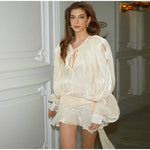 Fashion Solid Mesh Long Sleeved Backless Pleated Prom Dresses Chic Ruffle Bow Lace Up Women Mini Dresses Lady Spring Party Robe