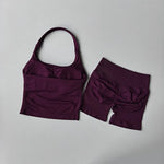 2PCS Seamless Halter Neck Yoga Set Push up Sports Bra And High Waist Butt Lift Fitness Shorts Tummy Control Fitness Wear