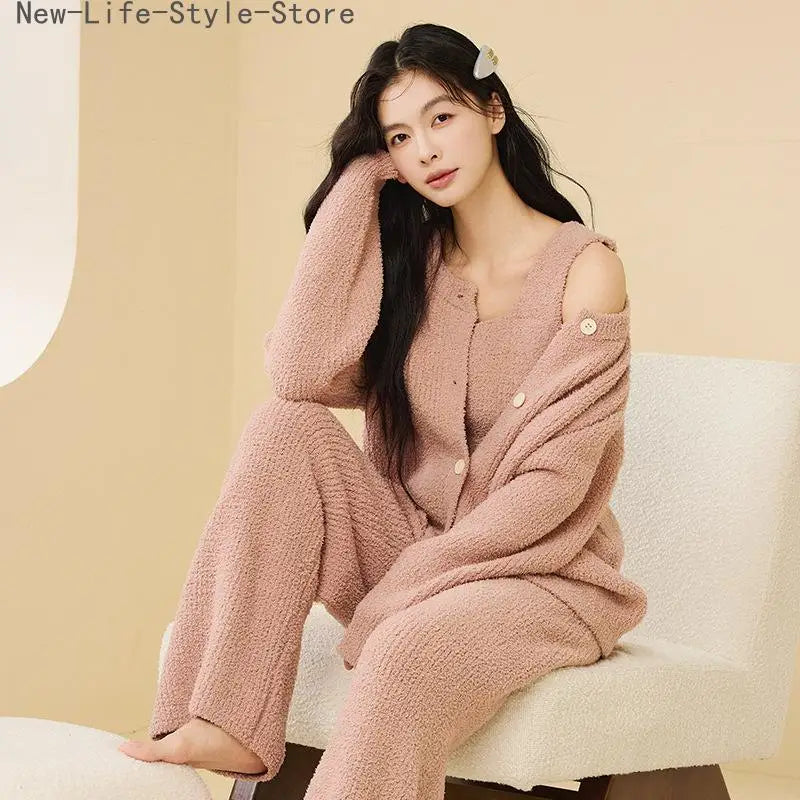 Women Autumn Winter Korean Style 3 Piece Camisole Pajama Set New Soft Half Velvet Elegant Wearable Outside Loungewear Sleepwear