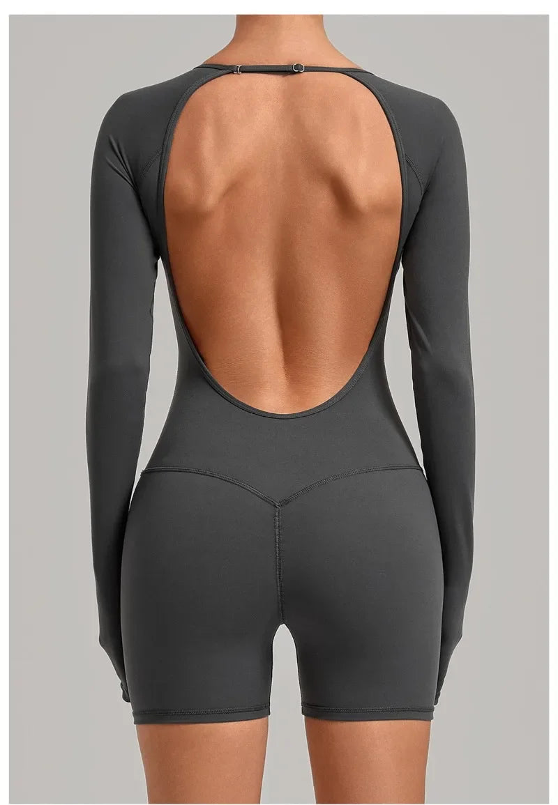 Women's Yoga Jumpsuits Sports Fitness Hip-lifting Long-sleeved Backless Running Training Workout Gym Shorts One-piece Bodysuits