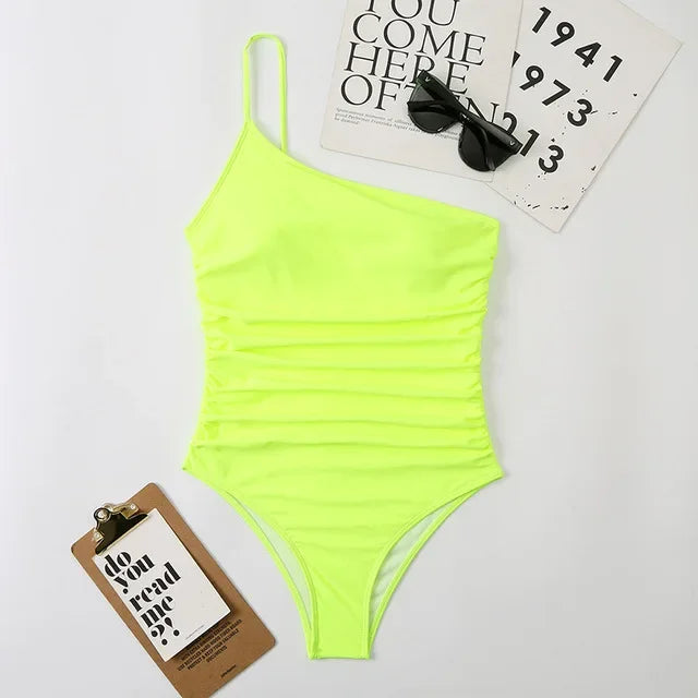 2026 Sexy One Shoulder One Piece Swimsuit 2022 Women Solid Black Neon Green Push Up Padded Bathing Suit Pleate Swimwear Monokini
