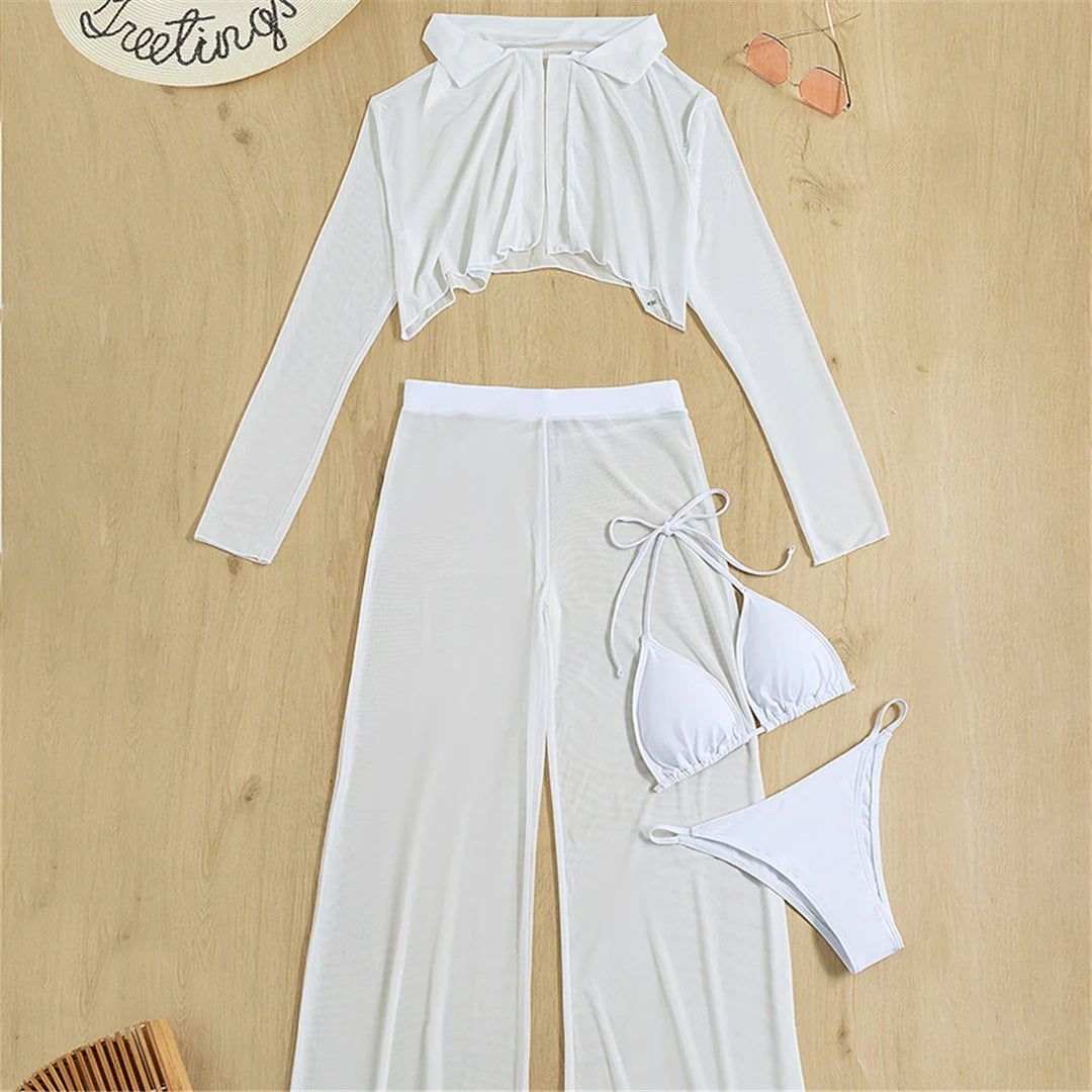 Long Sleeve Pants Halter High Cut Bikini Female Swimsuit Women Swimwear Four-pieces Bikini set Bather Bathing Suit Swim V4860