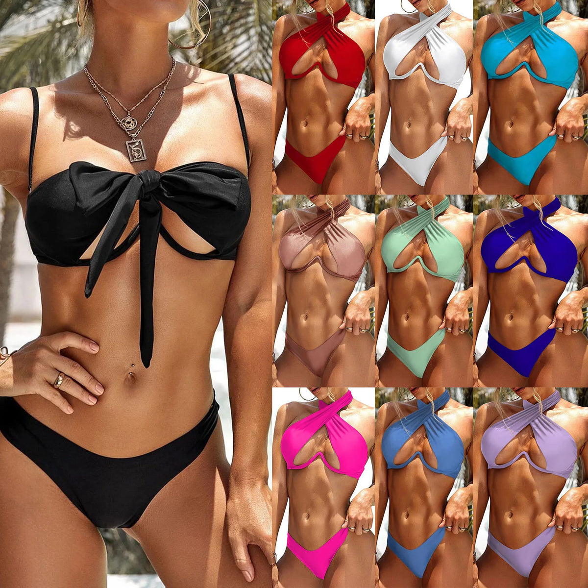 2026 Solid Black Swimsuit Women 2 Piece Bikini Sexy Cross Bandage Hollow Out Lace-up Swimwear Low Waist Thong Beach Bathing Suit