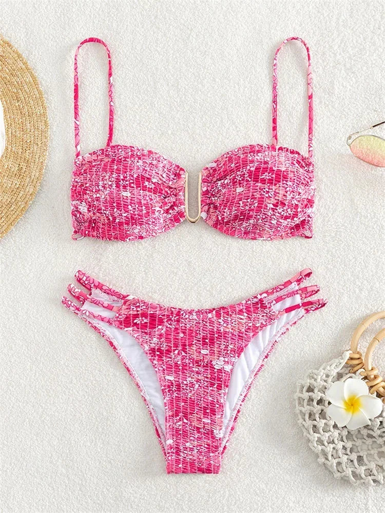 Sexy Pleate Micro Bikini Women U Neck Push Up Orange Floral Print Micro Swimsuit 2025 Summer Bathing Suit Lace Up Thong Swimwear