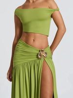 Summer Skirt Set Women Metal Flower Sexy Off Shoulder Slim Crop Top High Slit Skirt Sets Fashion Backless Pleated 2 Piece Suits