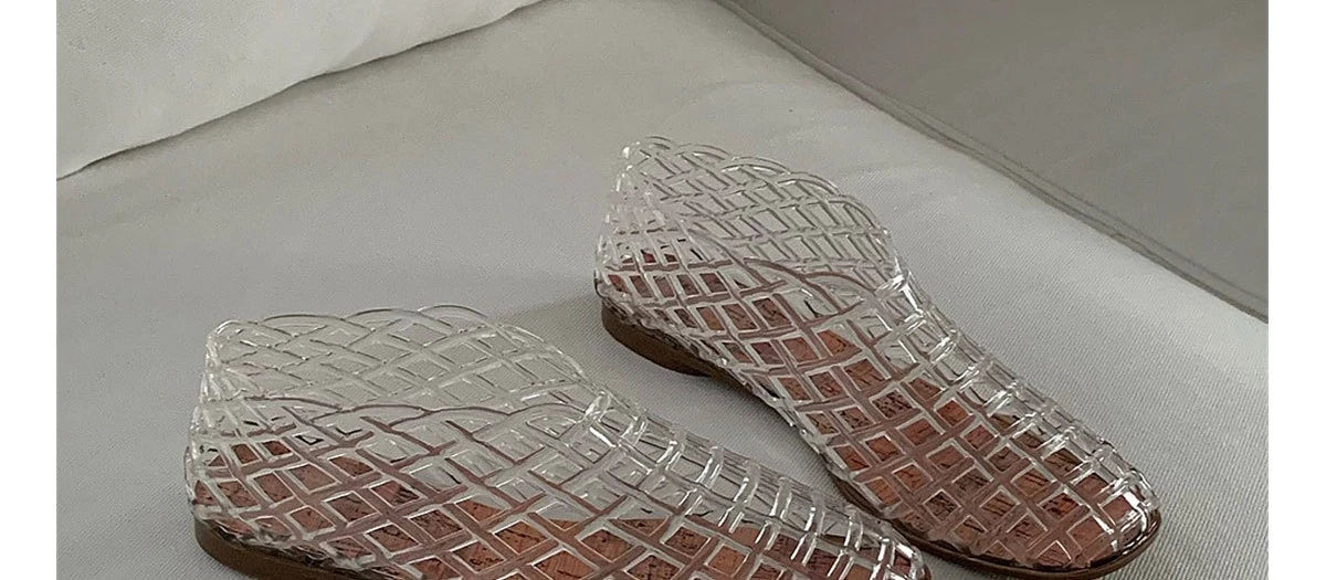 Women's New Flat Sandals with Hollow Transparent Color Mesh Jelly Shoes Woman Daily Walking Flats Plus Size 41 Soft PVC Footwear