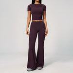 Creamy 2 Pieces Workout Suit Women Yoga Outfits Short Sleeve O Neck Slim Sports T Shirts High Waist Flare Pants Gym Fitness Sets
