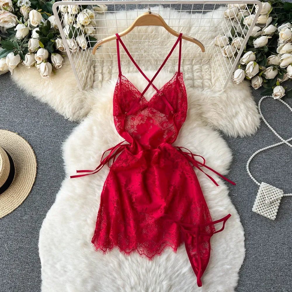 Sissy Crotchless Garter Deep V Lingerie Set See Through Lace Underwear Sexy Nightwear G-String Thongs Fantasy Pajamas