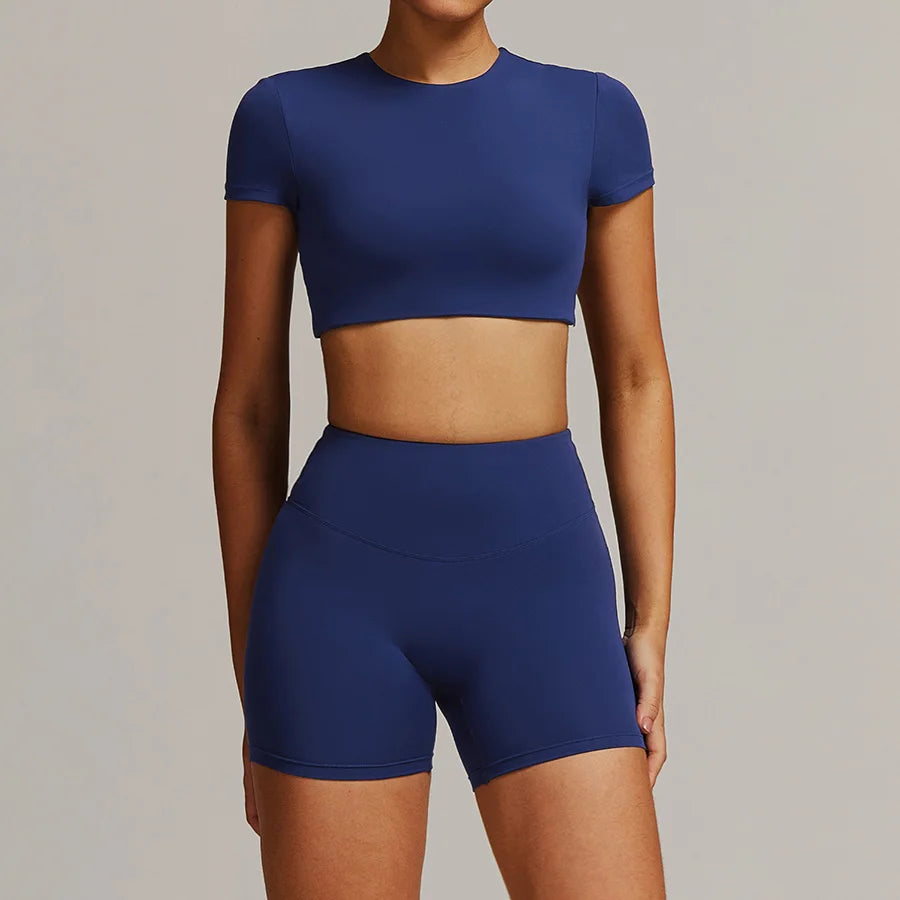 Women 2PCS Yoga Suit Sports Gym Set Tracksuit Workout Long Sleeve Shirt Fitness Flared leggings Short sleeve shorts running suit
