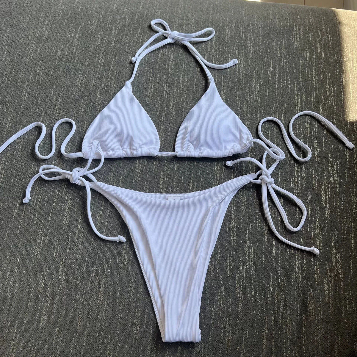 DEKA Women's Brazilian Solid Thong Bikini Set Side Halter Tie Swimsuit Ladies Split Strap Adjustable Bandage Lace-up Swimwear