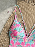 Sexy Pink Floral Print Swimwear Women 2026 Deep V Neck Slim Tummy Control One Piece Swimsuit Beach Hoiday Bathing Suit Monokini