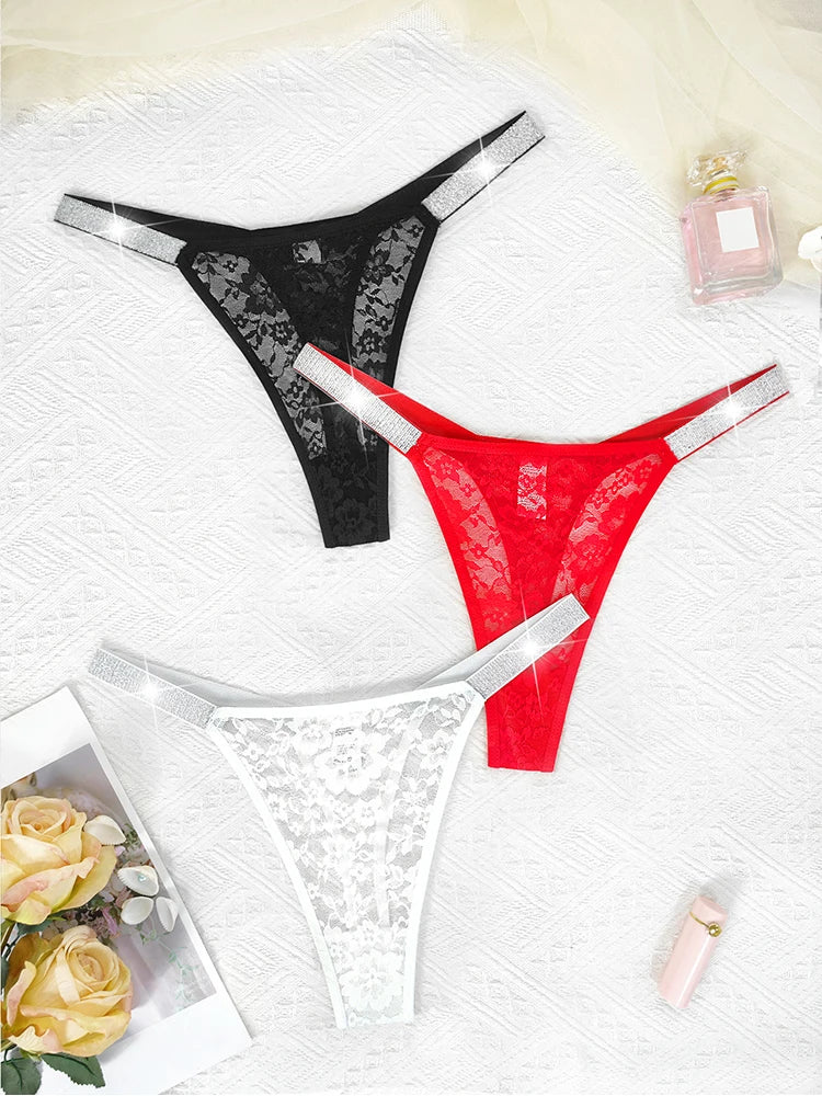 3pcs Sexy Thongs Lace Women Underwear Perspective Floral Panties Low Rise Two Shiny Belts G-string Comfortable Intimate Lingerie