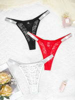 3pcs Sexy Thongs Lace Women Underwear Perspective Floral Panties Low Rise Two Shiny Belts G-string Comfortable Intimate Lingerie