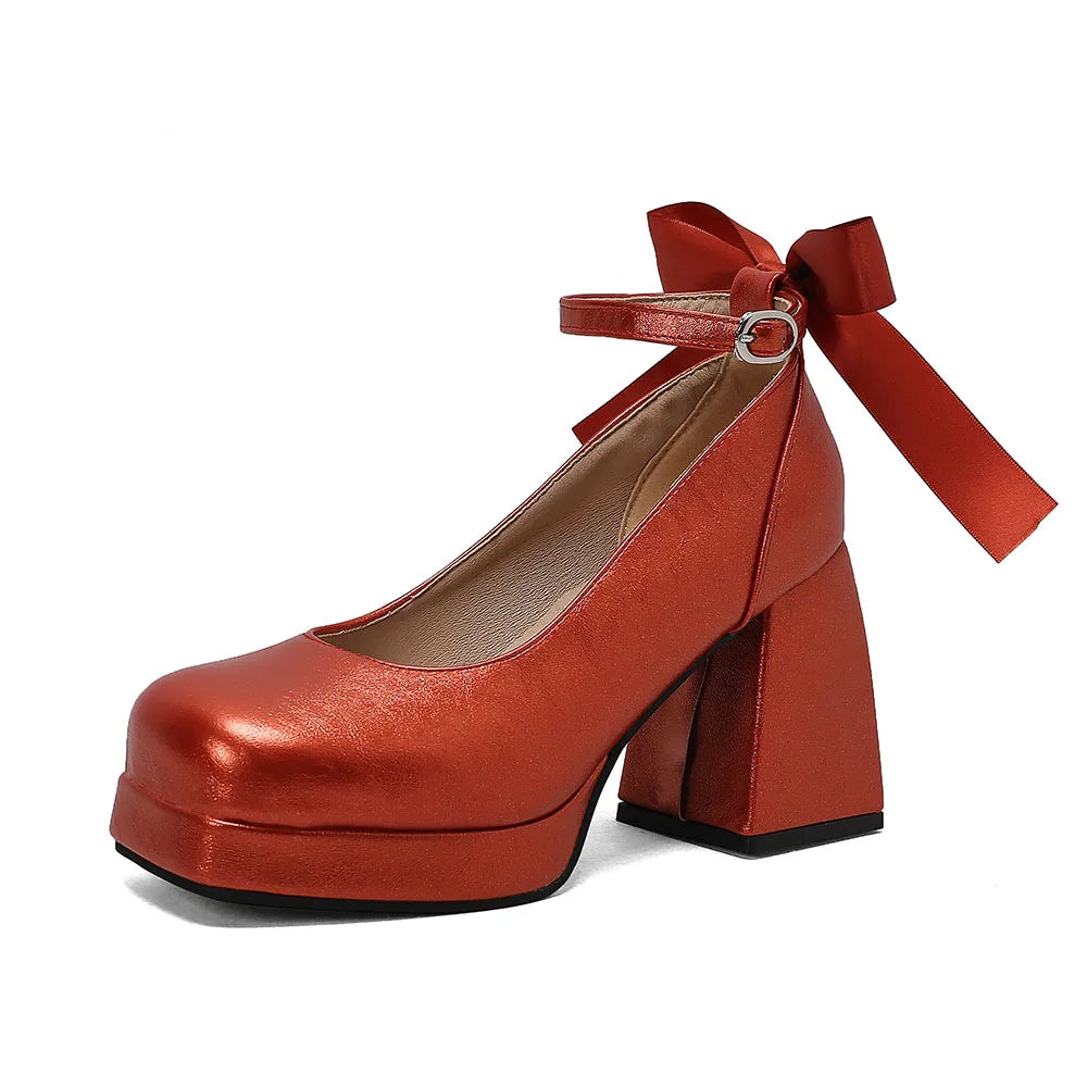Big Size 48 Sweet y2k Pink Mary Janes Pumps Blue Ribbon Knot Block High Heels Shoes Women White Party Wedding Platform Shoes