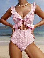 DEKA Girl Light Pink One Piece Swimsuit for Women High Waist Hollow Out Ruffle Suspender Backless Monokini Bikini Beach Swimwear